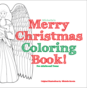 front cover of the merry christmas coloring book showing an angel and multicolored words from this adult coloring book