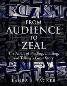 the cover of the audience to zeal book by laura packer. the title of the book is in the center imposed over a full page image of old fashioned printers blocks, some stained blue