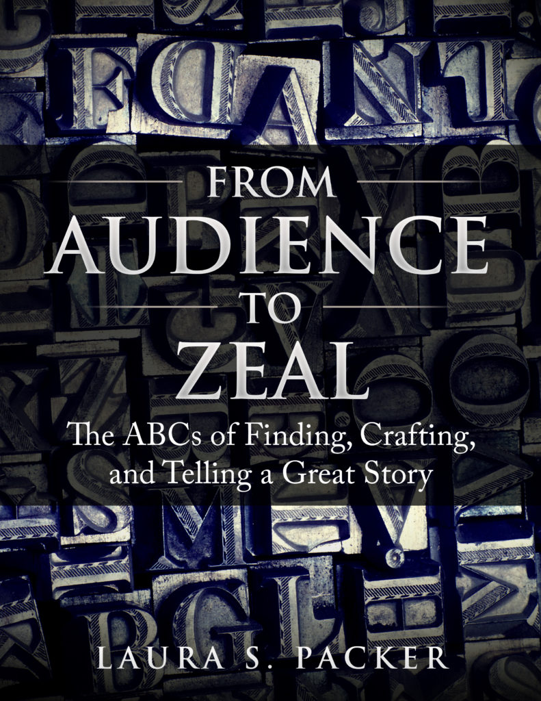 the cover of the audience to zeal book by laura packer. the title of the book is in the center imposed over a full-page image of old-fashioned printers blocks, some stained blue