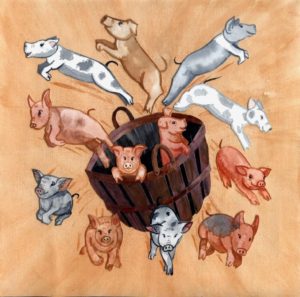 collage picture of pigs jumping out of a basket