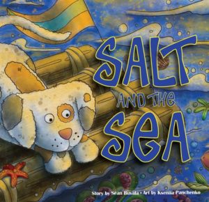 the cover of salt and the sea with a colorful drawing of a puppy looking over the edge of a raft