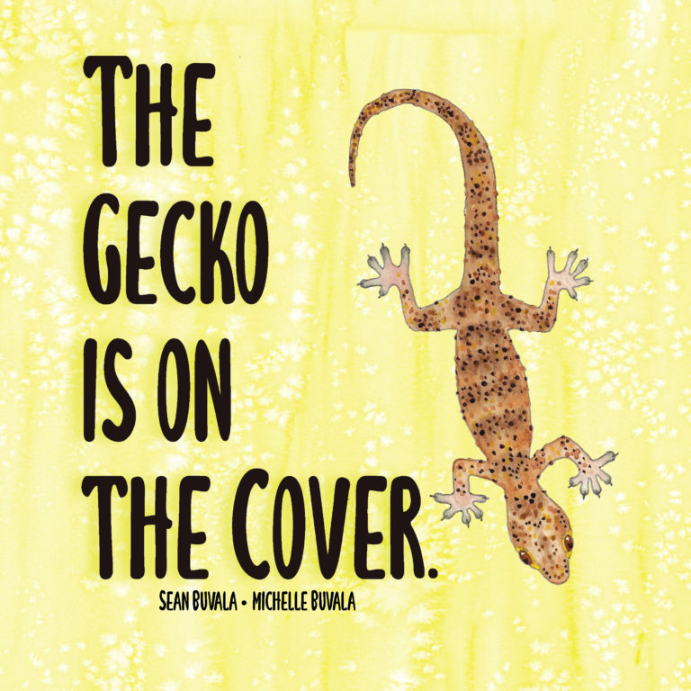 a collage gecko sits on a yellow background with the title words of this book.