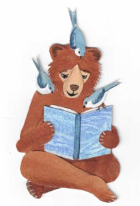 a collage illustration of a brown bear sitting crosslegged and reading a blu-covered book. little blue birds sit on the bear's book, shoulder and head