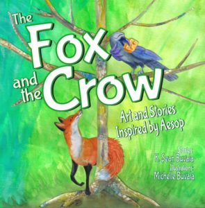 cover of of and crow book showing fox looking up a tree at a crow with piece of cheese in her mouth. watercolor collage pictures. kidlit