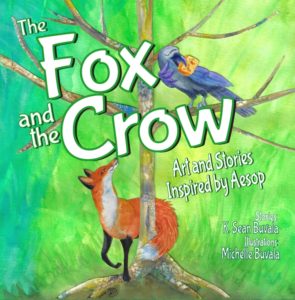 cover of of and crow book showing fox looking up a tree at a crow with piece of cheese in her mouth. watercolor collage pictures. kidlit 