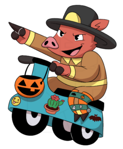 hollis the javelina is a young child riding a scooter adorned with halloween stickers. he is dressed in a fire-fighter's costume.