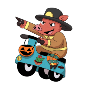 a cute cartoon javelina is dressed in a firefighter halloween costume and rides a teal scooter adorned with halloween decorations. the javelina points forward and has a determined look on their face