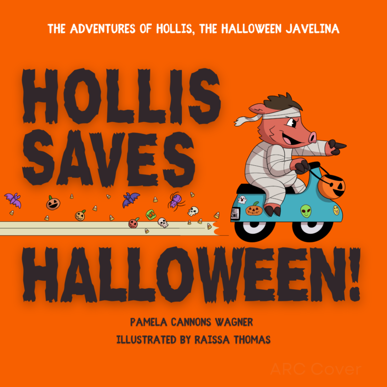 the cover of Hollis saves halloween with dark lettering, an orange background and hollis on a teal scooter zooming across the front of the book, leave a trail of halloween symbols in his path