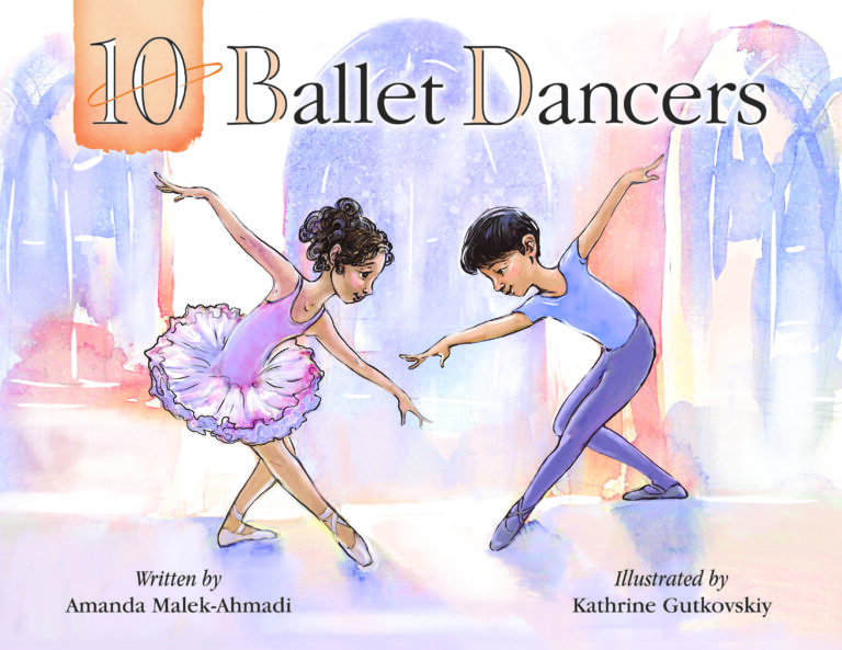 book cover for 10 ballet dancers in pastel colors with a boy and girl dancer