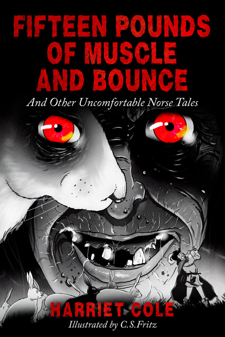 A graphic-novel style illustration in black red and white of an large hare and an old woman, their red eyes overlapping