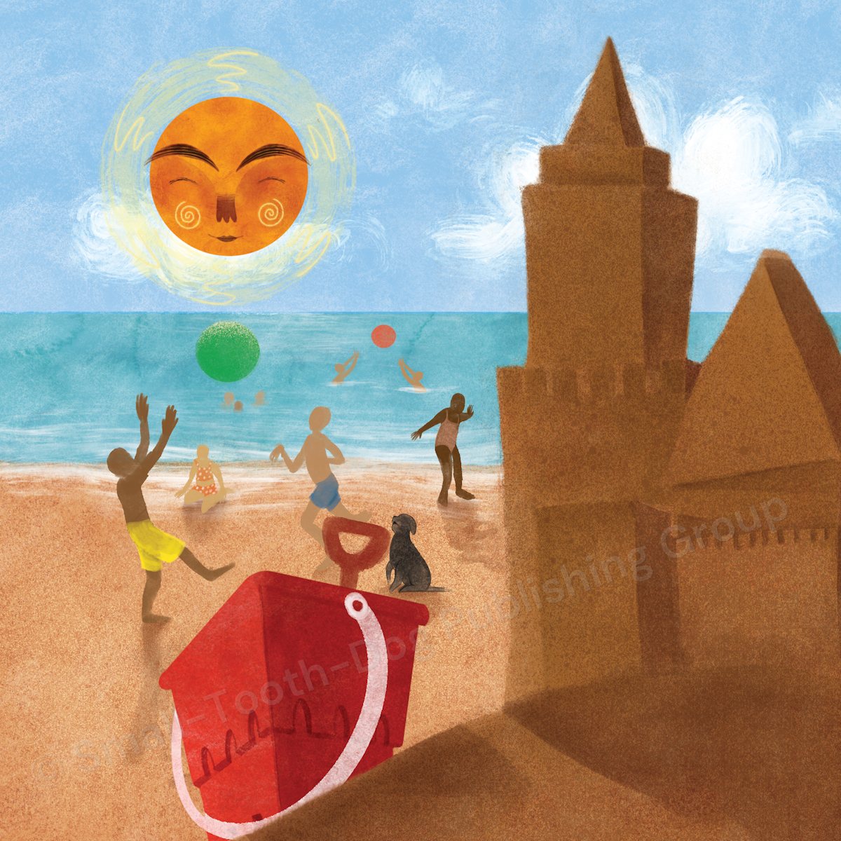 children play on the beach with a sand castle in the foregroun. art by darice pollard