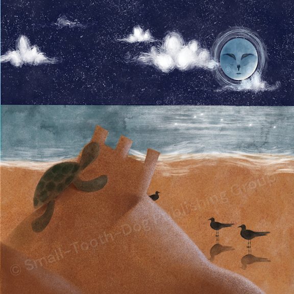 a turtle looks out on the beach at night in this art by darice pollard
