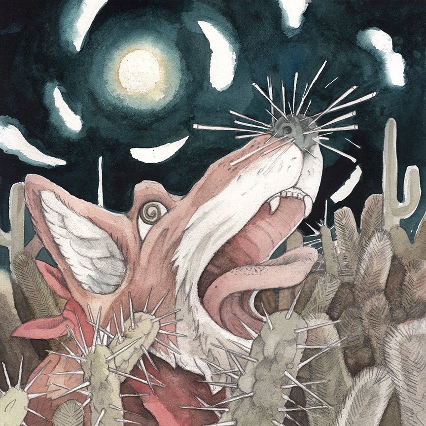 Surreal watercolor of a howling fox-like creature covered in cactus spines, surrounded by desert cacti under a moonlit night sky