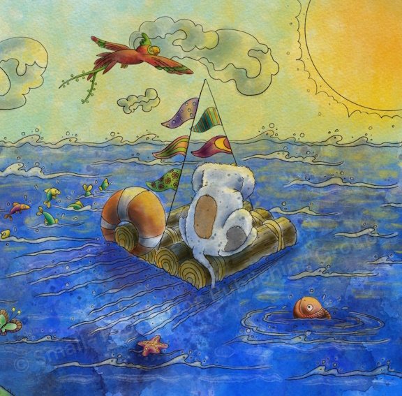 Illustration of a fluffy white creature sailing a wooden raft on the ocean, with a colorful bird flying above, fish, a starfish, and an octopus in the water, under a glowing sun